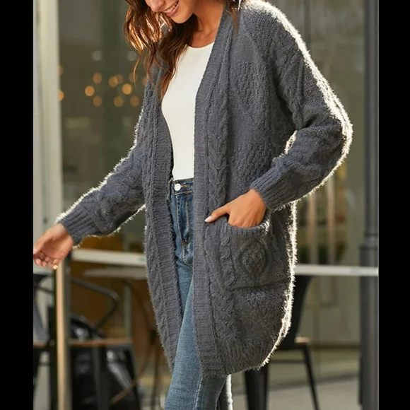 SOLD Mixed Knit Wool Open Front Longline Cardigan - Picture 7 of 8